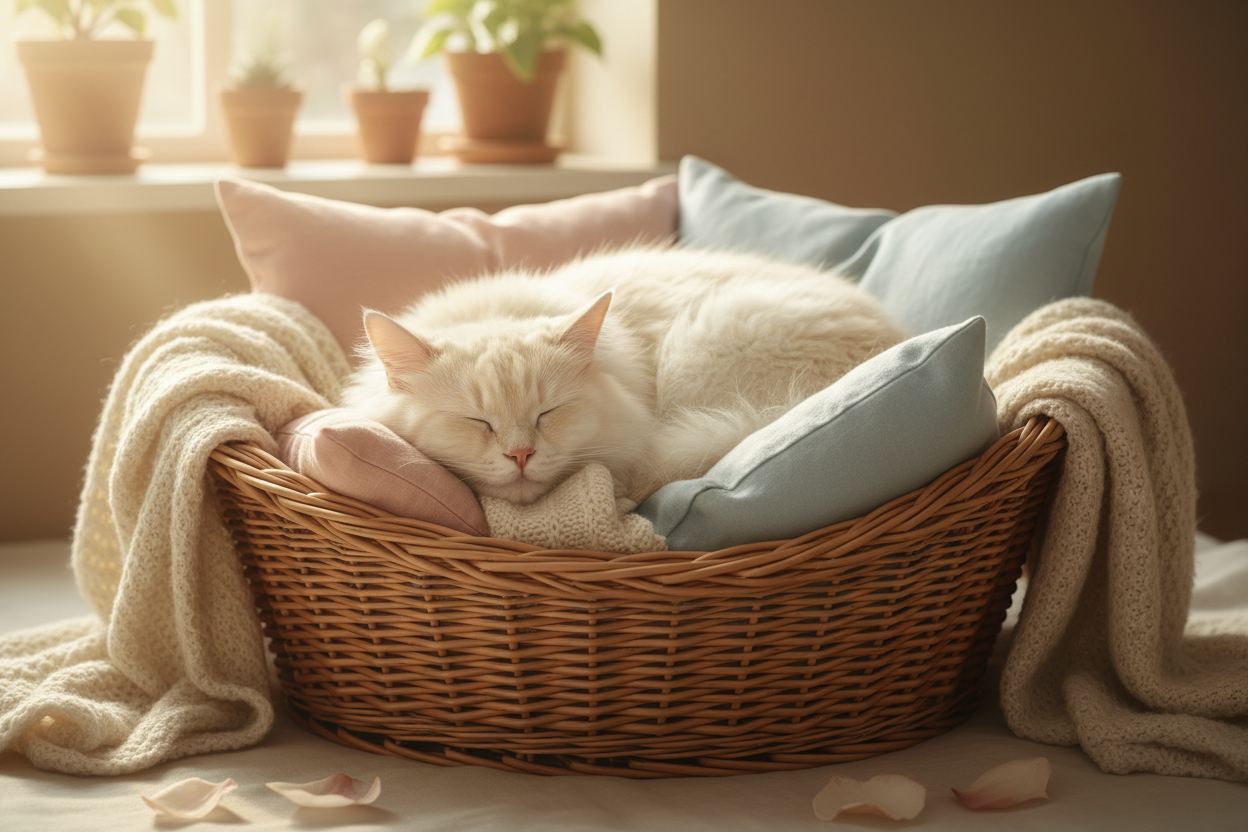 chat qui dort dans un panier effet relaxant