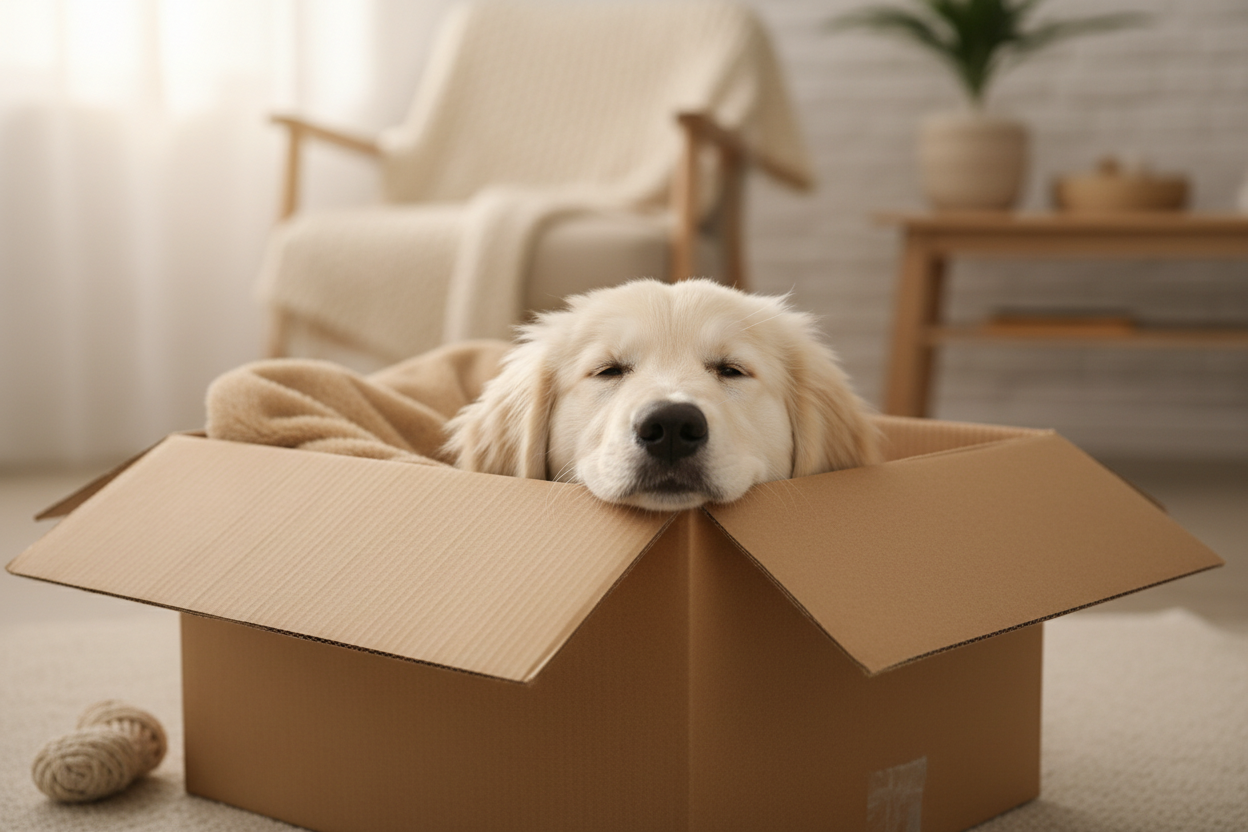 fait moi un carton avec un chien dedans avec des colorie creme beige