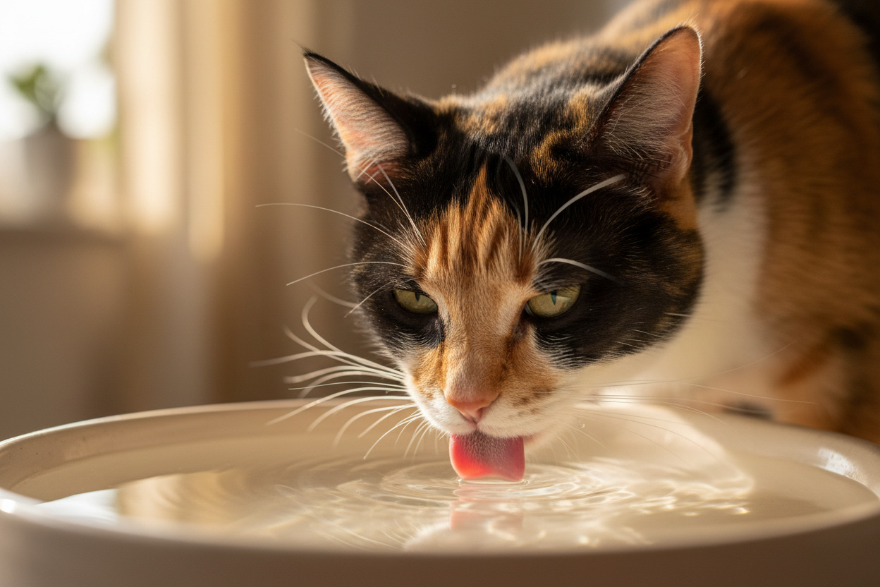 fait un chat réaliste qui boit de l'eau
