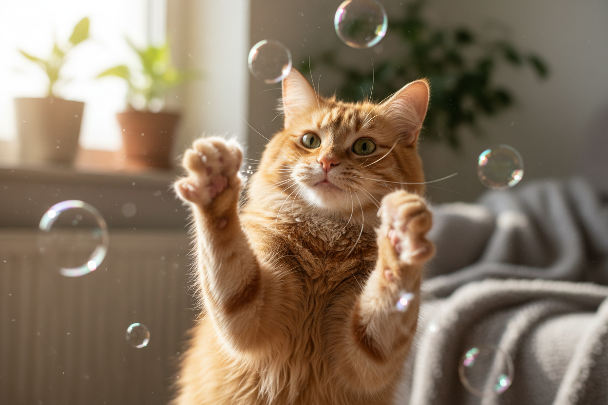 fait un chat realiste qui joue avec des bulles