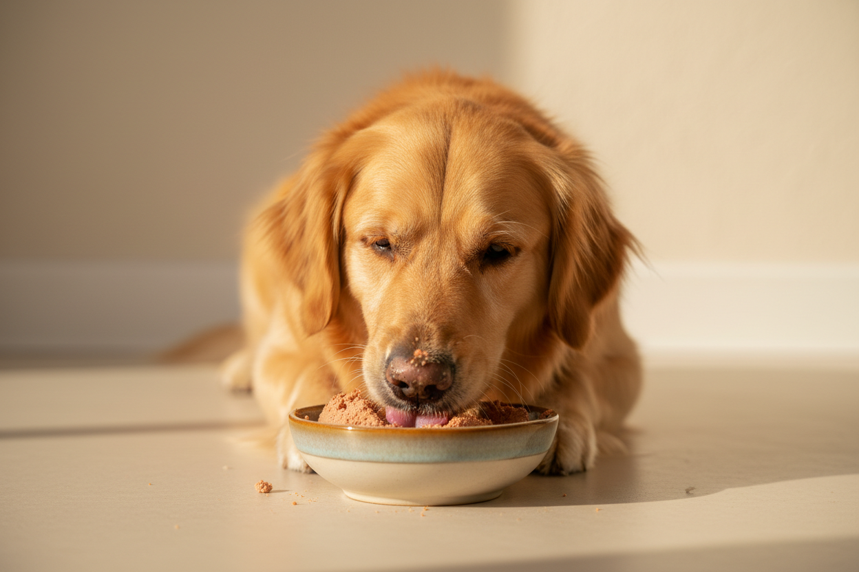 fait un chien qui mange de la pâté de facon réaliste avec un fond crème beige