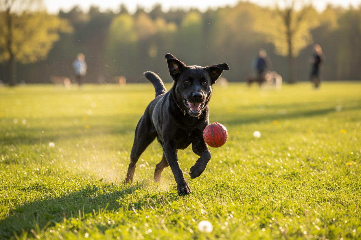 Un chien noir entrain de jouer avec un jouet 